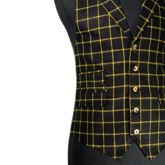 Mens 42R Wool Vest Black Yellow Windowpane Check Plaid Waistcoat Formal Wedding - Picture 7 of 10